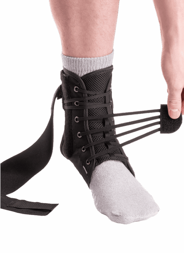 Ankle brace being tightened on foot