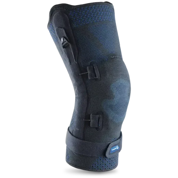 Orthopedic knee brace on black background