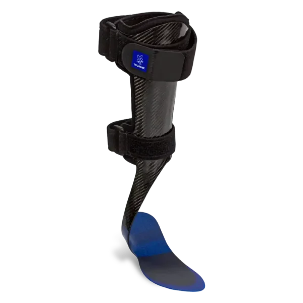 Orthopedic leg brace with blue footplate.
