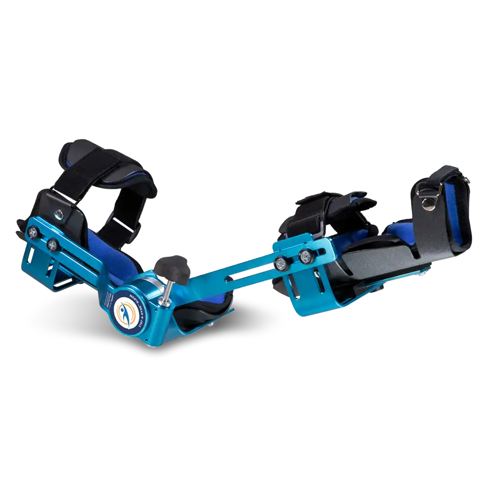 Blue adjustable knee brace on black background